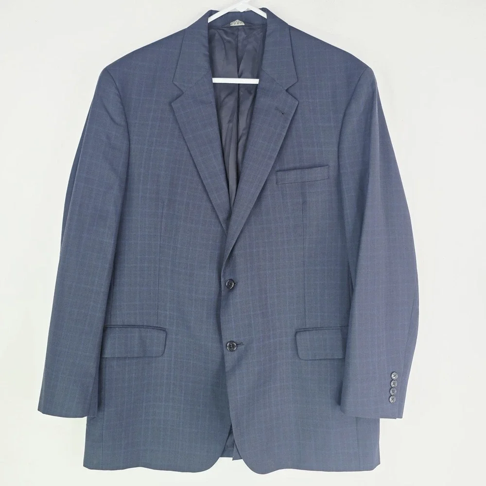 Jos A Bank 44L Blue Plaid 100% Wool Signature Mens Blazer Suit Jacket Sport Coat